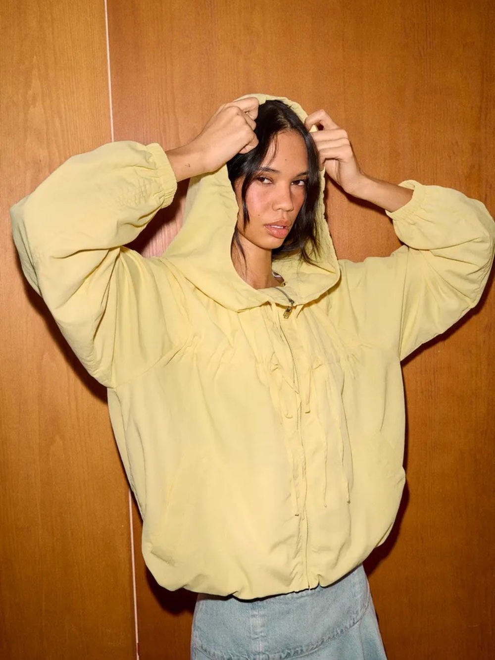 Zara Butter Light Yellow Hooded Women's Pullover Windbreaker Nylon Bomber Jacket